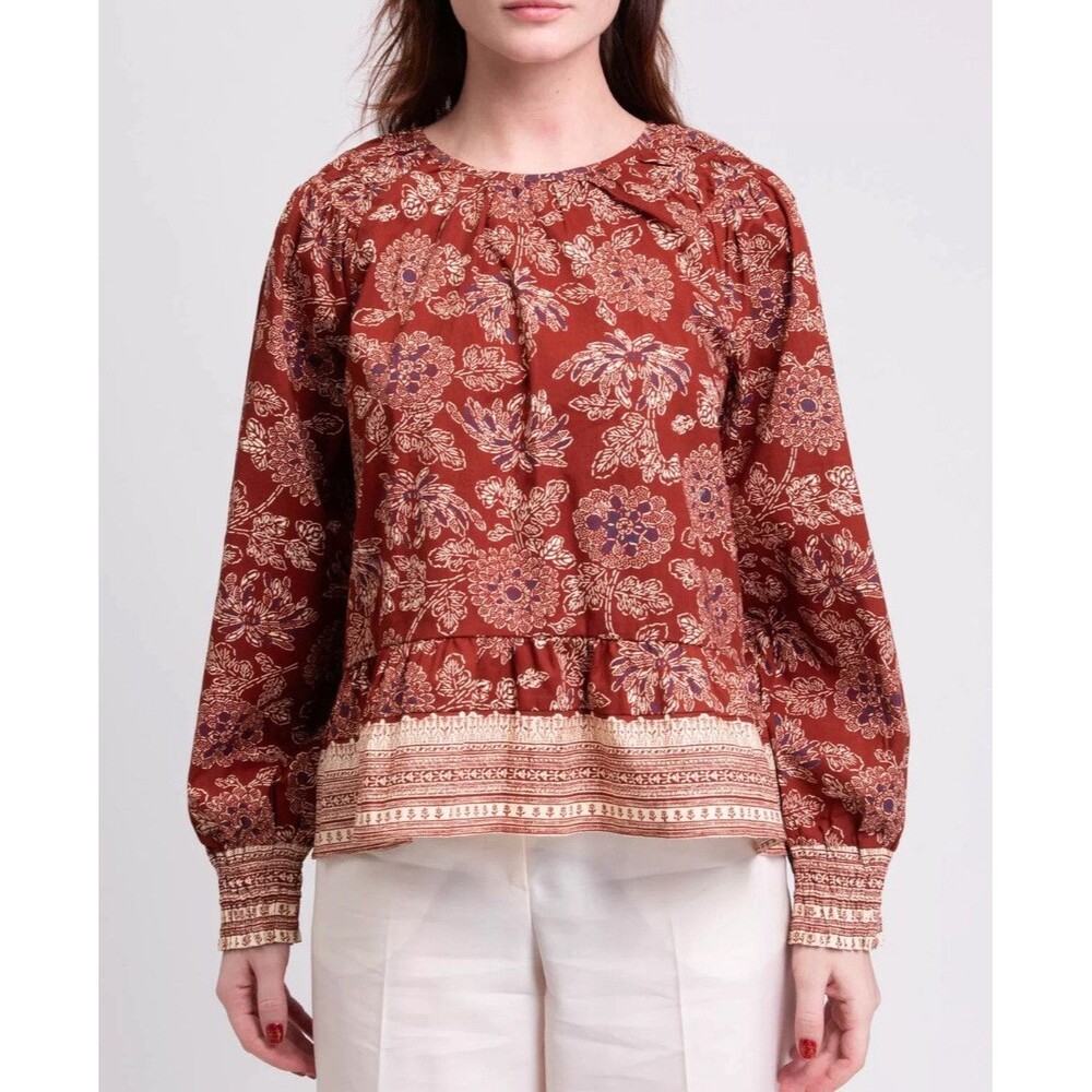 VERONICA BEARD Kester Top Batik Style Florals Ruffled 3/4 Sleeves Blouse Size 10